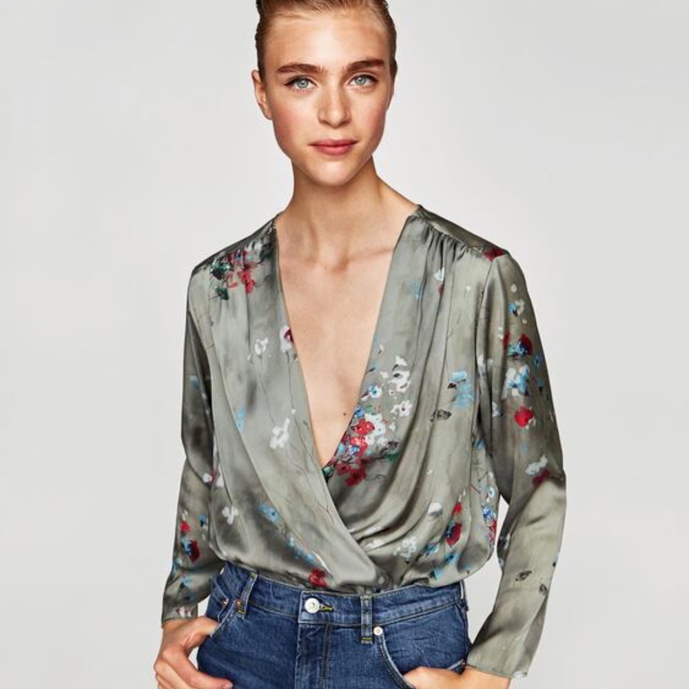 Zara Floral bodysuit with crossover neckline